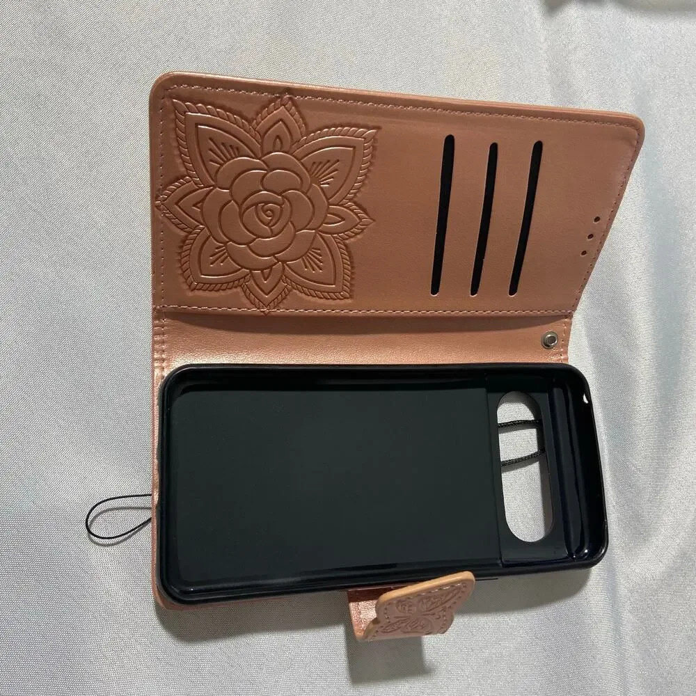 Embossed Butterfly PU Leather wallet phone case for Google Pixel 8 Rose Color